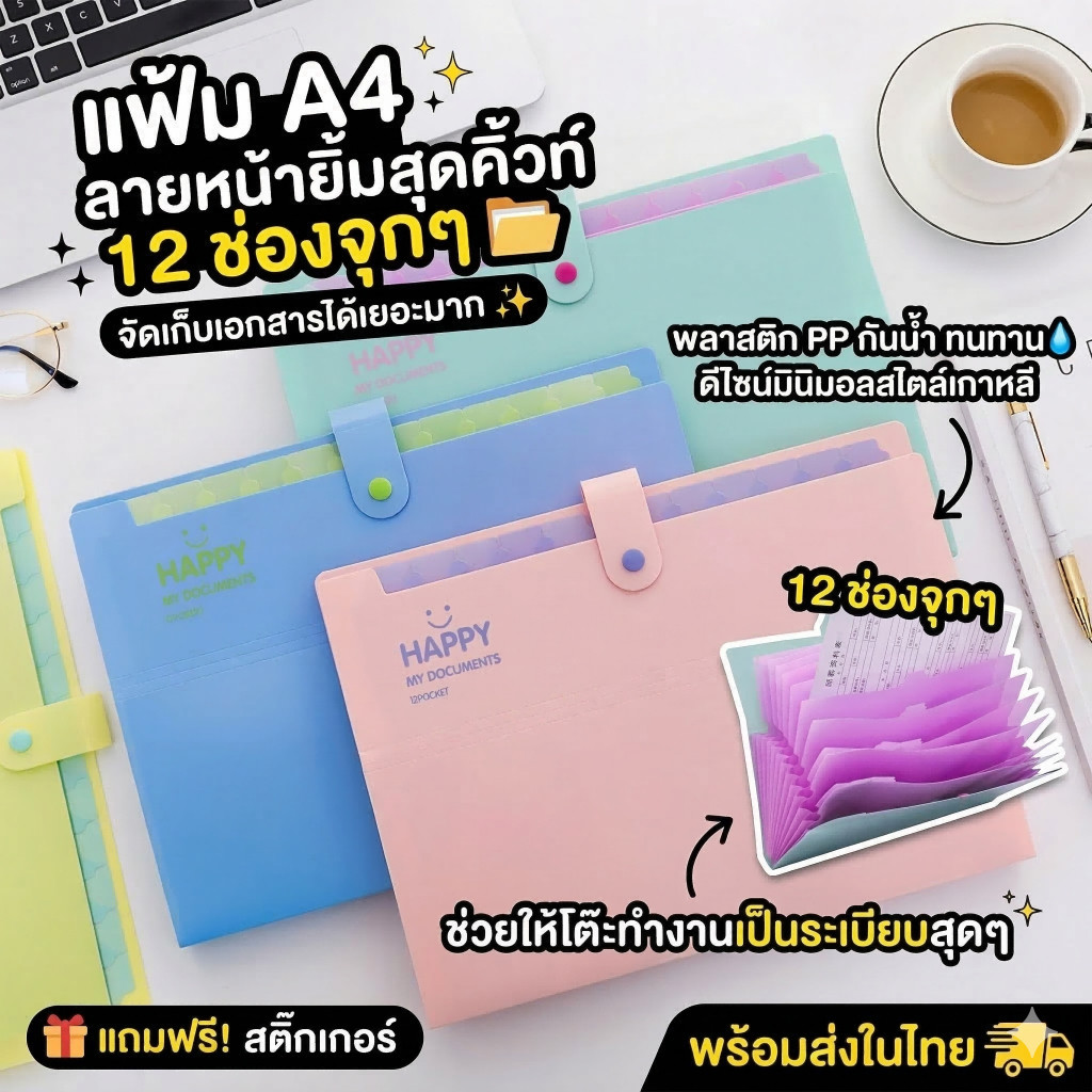[พร้อมส่ง] แฟ้มสะสมผลงาน A4 12ช่อง ลายหน้ายิ้ม แฟ้มขยายข้าง พลาสติก PP กันน้ำ ทนทาน สำหรับนักเรียนและออฟฟิศ