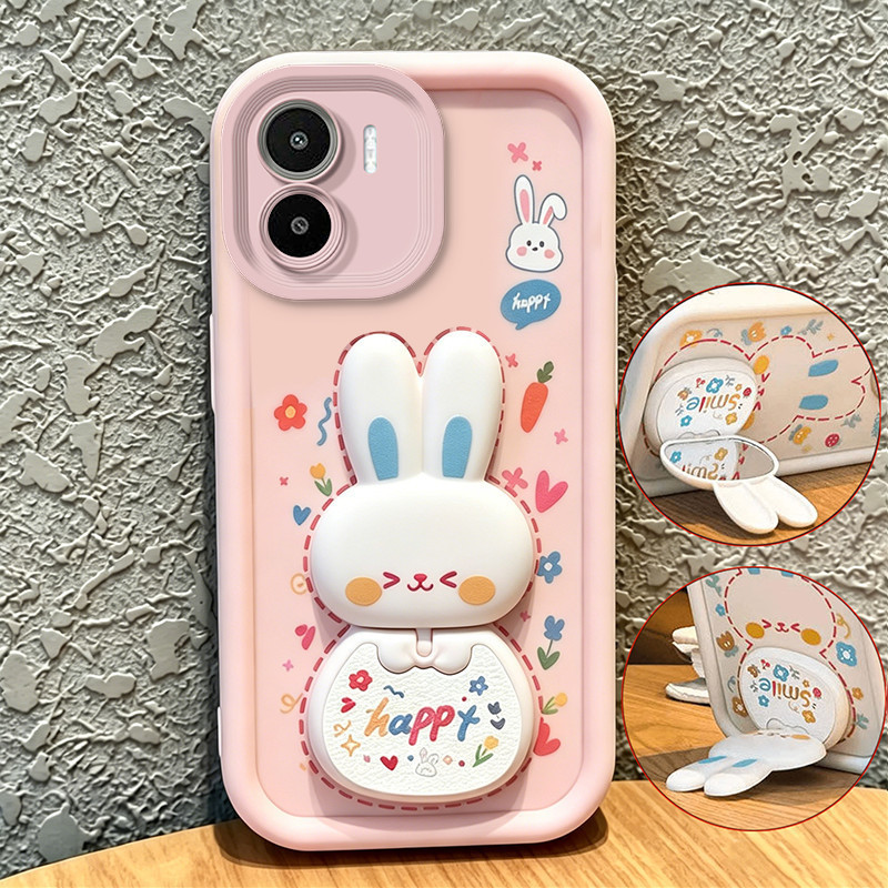 สําหรับ Redmi 15C 15 5G 15A REDMI A5 4G poco c71 C85 เคสโทรศัพท์ Softcase ซิลิโคนกันกระแทกฝาครอบความงามกระจกผู้ถือ 360° กระต่ายน่ารักหมุนได้ สีชมพู สําหรับเด็กผู้หญิง JTXCEZJ3