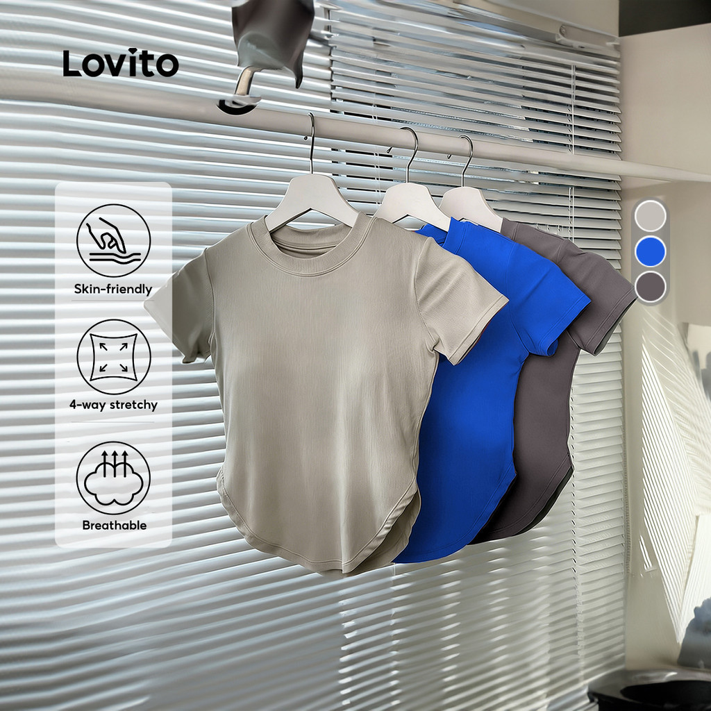 Lovito แคชชวล เสื้อสปอร์ตสไตล์สปอร์ตี้ ลวดลายง่าย หายใจง่าย สำหรับออกกำลังกายฟิตเนสวิ่งโยคะเทนนิสออกอากาศ สำหรับผู้หญิง LNA140032