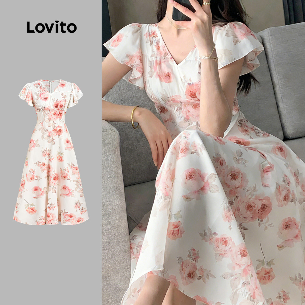 Lovito เดรสผู้หญิงลายระบายหรูหรา มีซิป เหมาะกับฤดูใบไม้ผลิและฤดูร้อน LBL35015