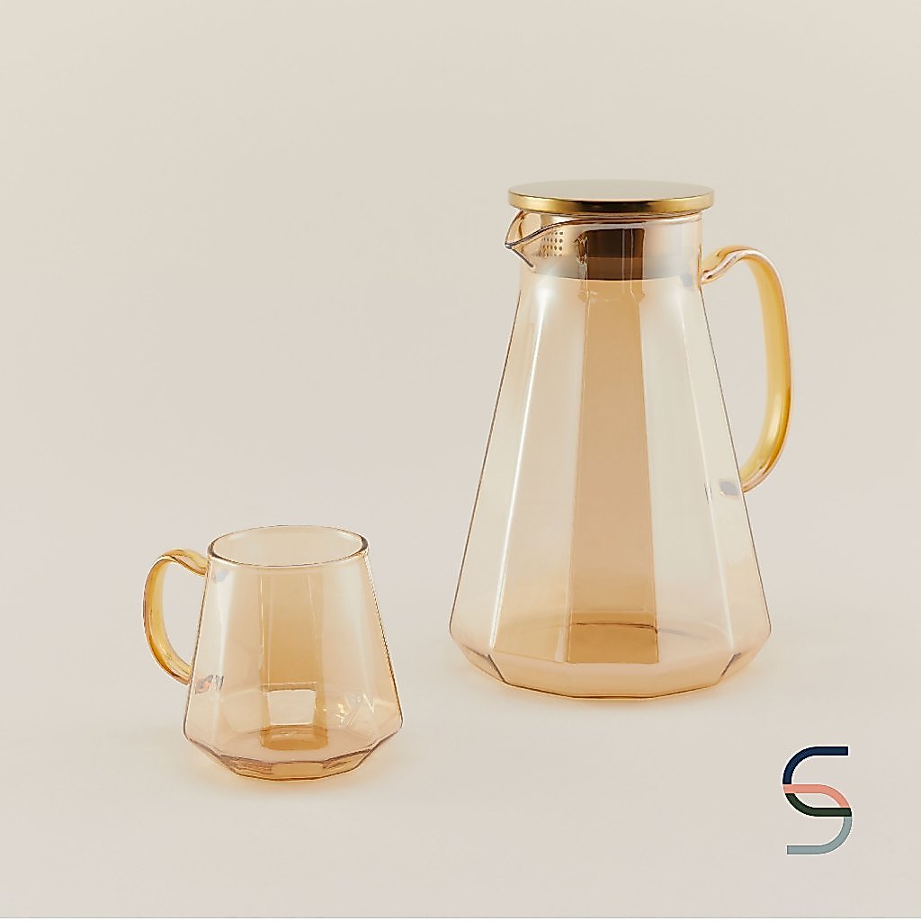 SARABARN Amber Glass Pitcher with Lid and  Mug | เหยือกน้ำ และ แก้วน้ำ สีน้ำตาลอ่อน ทรงเพชร