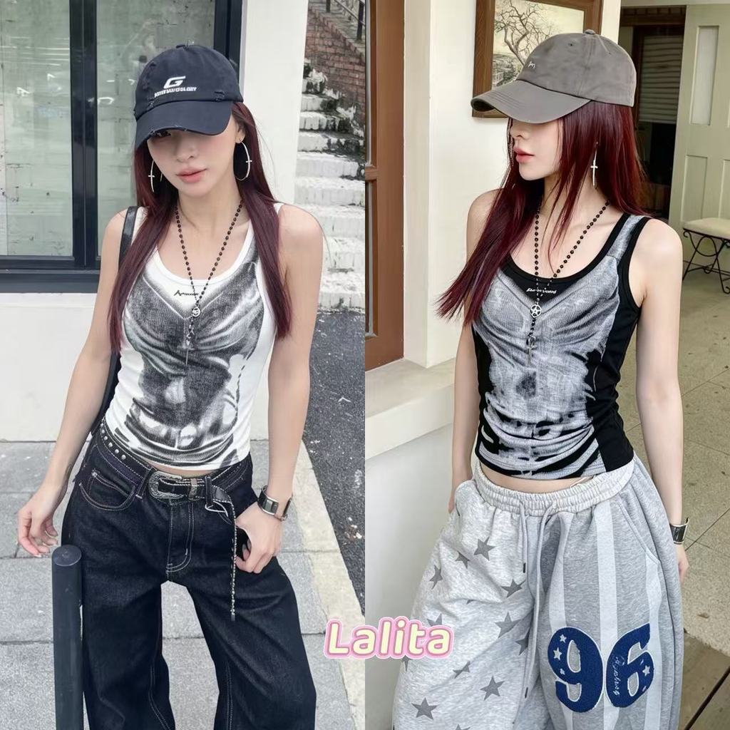 Lalita ส่งไวจากไทย 2สี เสื้อสายเดี่ยวผู้หญิง พิมพ์ลายอเมริกันย้อนยุค เซ็กซี่ สไตล์สายฝอสุดฮิต