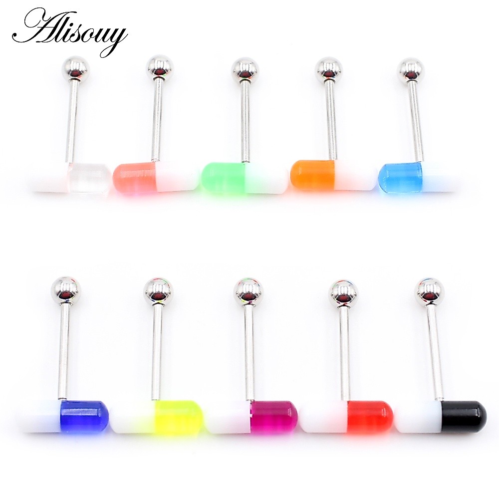 Alisouy 1 ชิ้นอะคริลิคสองสีแคปซูลลูกเหล็กลิ้นแหวน Pin Bars ผู้ชายผู้หญิง 14G อุตสาหกรรม Barbells เจาะแหวน