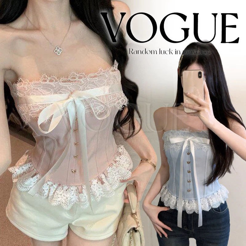 Vogue🌟พร้อมส่ง🌟 เสื้อเกาะอกทรงเข้ารูป ตกแต่งด้วยลูกไม้และโบว์ผูก เสริมฟองน้ำสม็อกหลัง สไตล์หวาน-สาวเวียด (FY3002#1)