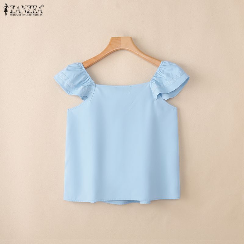 ZANZEA เสื้อสตรีสไตล์เกาหลีทุกวันสีทึบทอ A-Line Ruffles คอเหลี่ยมถัง — صورة 8