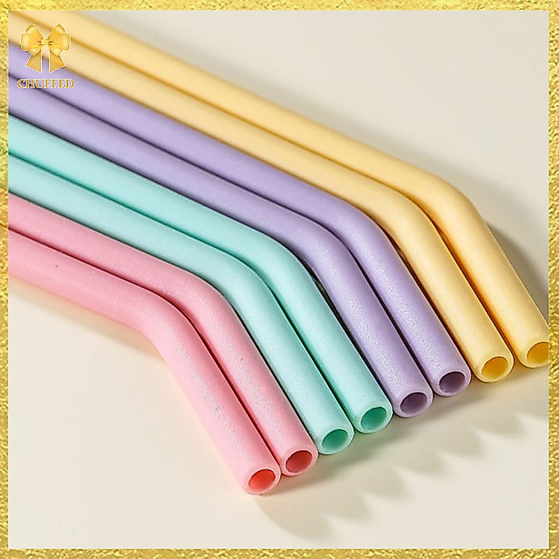 Chuffed> หลอดซิลิโคนหลากสีเกรดอาหาร 4 ชิ้นสําหรับเด็กเครื่องดื่มน้ําดื่ม, หลอดโค้งน้ําผลไม้, หลอดค็อกเทลนํากลับมาใช้ใหม่ได้ ใหม่