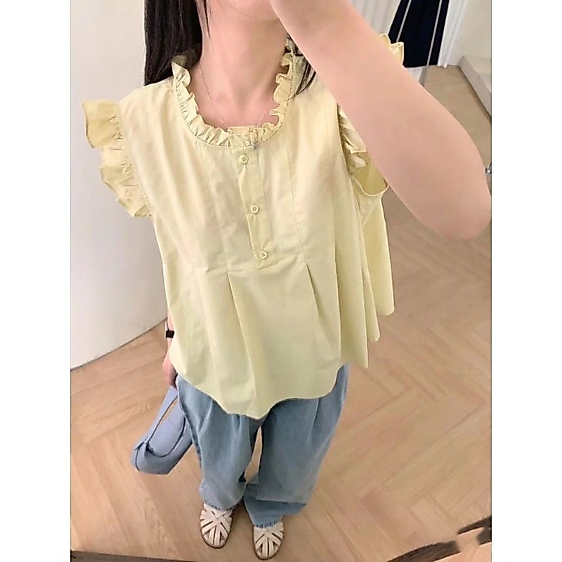 LINNA~คอกลม แขนสั้น สีทึบ เสื้อเชิ้ต แฟชั่น สไตล์ใหม่