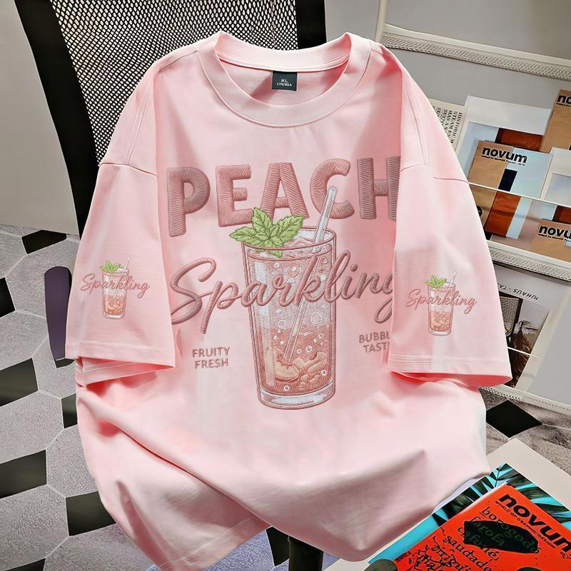 เสื้อยืดแขนสั้นพิมพ์ลายเครื่องดื่มผลไม้ตัวอักษร PEACH สำหรับผู้ชายและผู้หญิง สไตล์อเมริกันวินเทจ ทรง