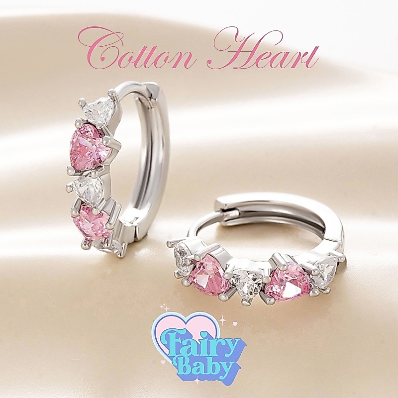 Fairybaby ต่างหูห่วง CottonHeart ( 1 คู่  ) ต่างหูห่วง เพชรสีชมพู ขาว สลับกัน รูปหัวใจ สวยงาม เล่นเเสง (E2-017)