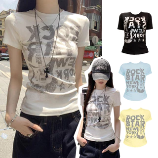 เสื้อยืดผู้หญิงแขนสั้น คอกลม ผ้าร่อง ลายตัวอักษร สไตล์ Y2K เสื้อแฟชั่นผู้หญิง ทรงเข้ารูป