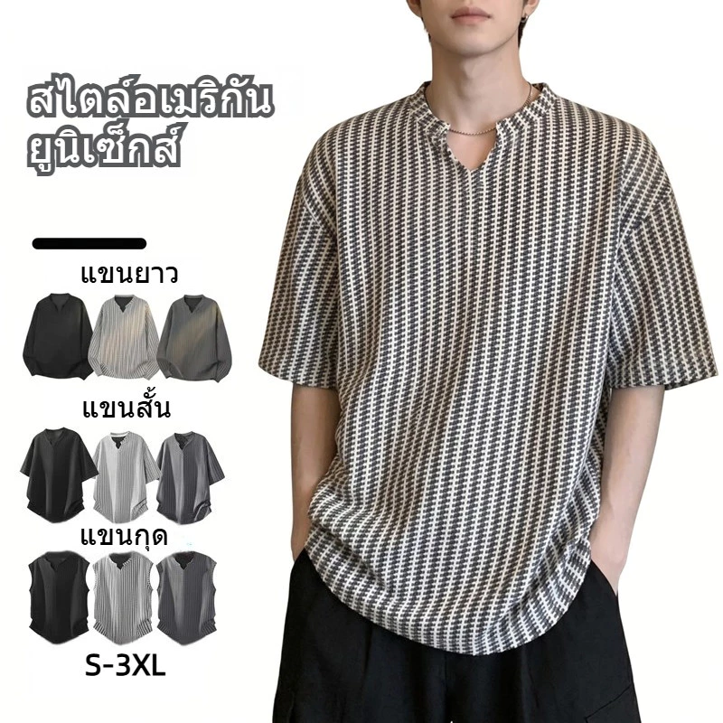 เสื้อยืดลายทางสำหรับผู้ชาย สไตล์ย้อนยุคอเมริกัน ทรงหลวมๆ ระบายอากาศได้ดี เหมาะสำหรับหน้าร้อน มีไซต์จาก M ถึง 3XL