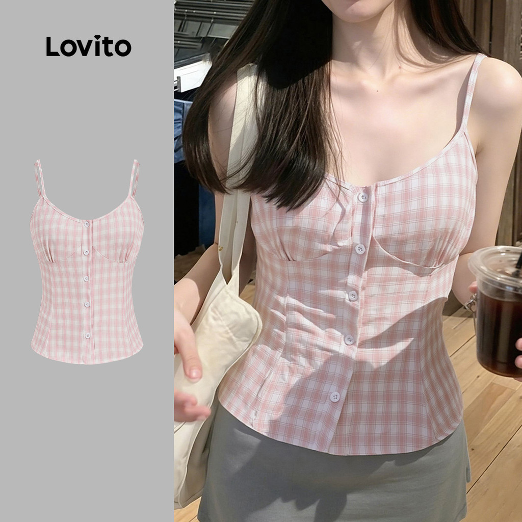 (New Arrival) Lovito เสื้อลําลองผู้หญิง สีชมพู เรียบง่าย มีปุ่มด้านหน้า สไตล์ลําลอง เหมาะสําหรับฤดูใบไม้ผลิ/ฤดูร้อน L197AD1030