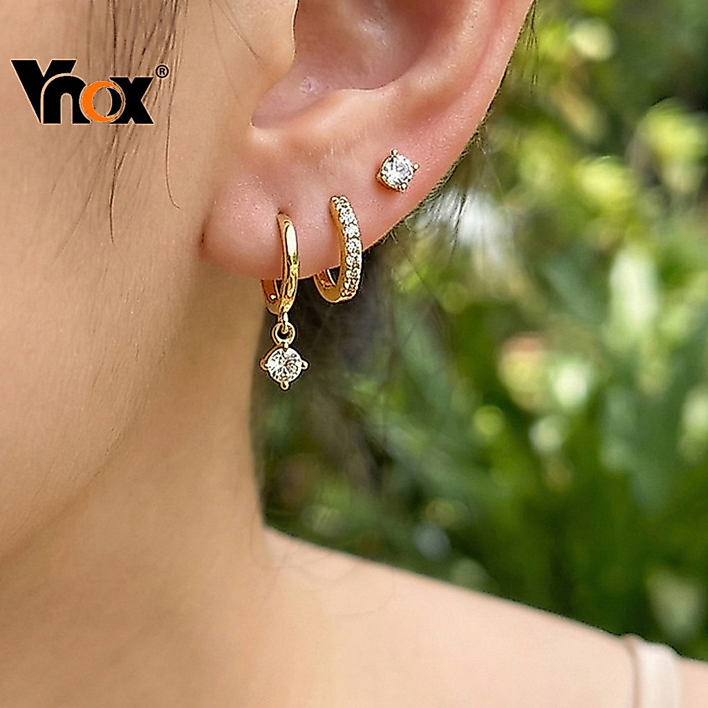 Vnox Gold Plated Zircon Stud Hoop & Drop ต่างหูชุดสําหรับผู้หญิง, 3 ชิ้น Cubic Zirconia เครื่องประดับของขวัญ Non-Tarnish