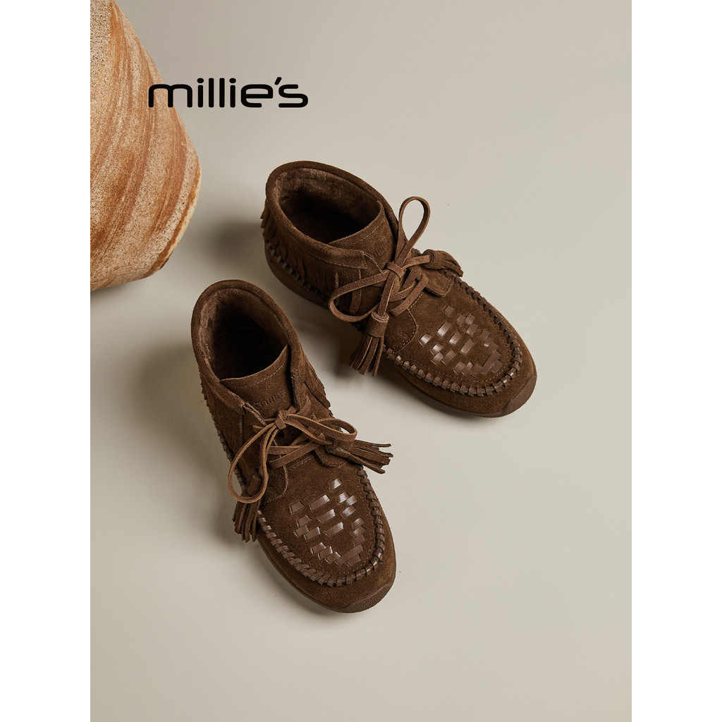 MILLIE S/Miaoli 2026 สไตล์ใหม่ของแท้หนัง Retro พู่ Laced-Up Western Boots Slimmer ดูรองเท้าแบน