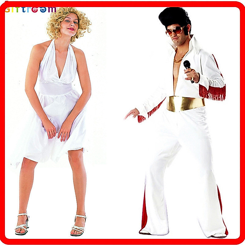 ชุดคอสเพลย์ฮาโลวีน ชุด Marilyn Monroe พร้อมวิกผมหยักใหญ่ ชุดวันพีซ Elvis สําหรับการแสดงเลียนแบบ