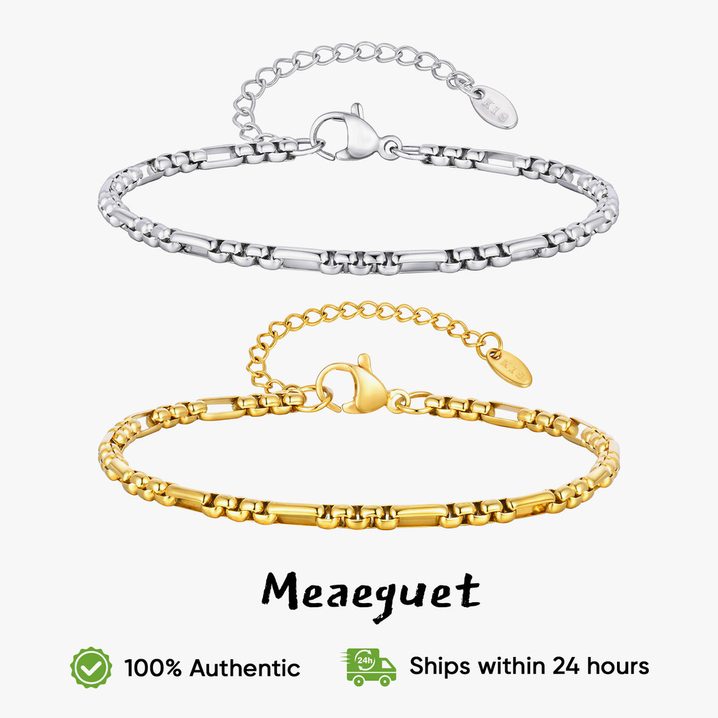 Meaeguet Mens thin Chain สแตนเลส all-gloss three-to-one square pearl Chain สร้อยข้อมืออุปกรณ์เสริมทุกวันเครื่องประดับ