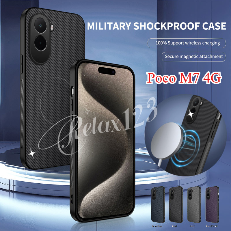 สําหรับ Poco M7 4G 2025 หนังแม่เหล็กสําหรับ Xiaomi PocoM7 4G Poco M7 Plus Poco M 7 Plus M7Pro 5G 4G คาร์บอนไฟเบอร์รูปแบบกันกระแทก Anti-Fingerprints