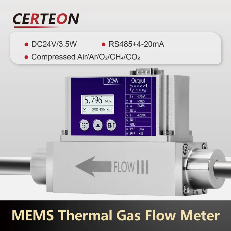 RS485 Micro Gas Mass Flow Meter Bi Directional Digital Display Sensor for Air Nitrogen Oxygen Hydrog
