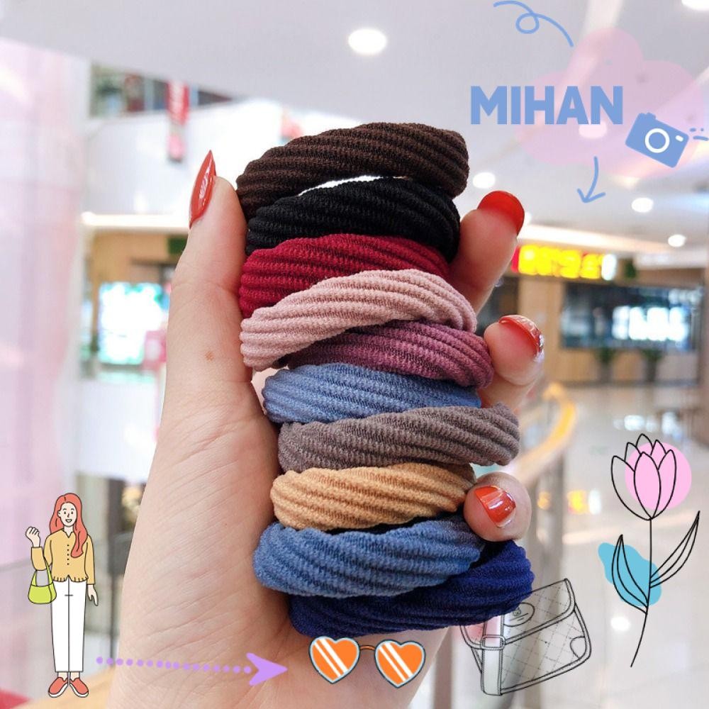 เชือกจับผม มิฮัน 10 ชิ้น ขนาดหนามาก ยืดหยุ่นได้ สีทึบ ใช้งานง่ายสำหรับการทำหางม้า