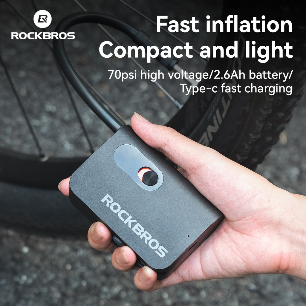 ROCKBROS มินิปั๊มไฟฟ้า 70PSI ไร้สาย อุปกรณ์อัดลมสำหรับจักรยานและรถจักรยานยนต์ ขนาดกะทัดรัดน้ำหนักเบากะทัดรัด