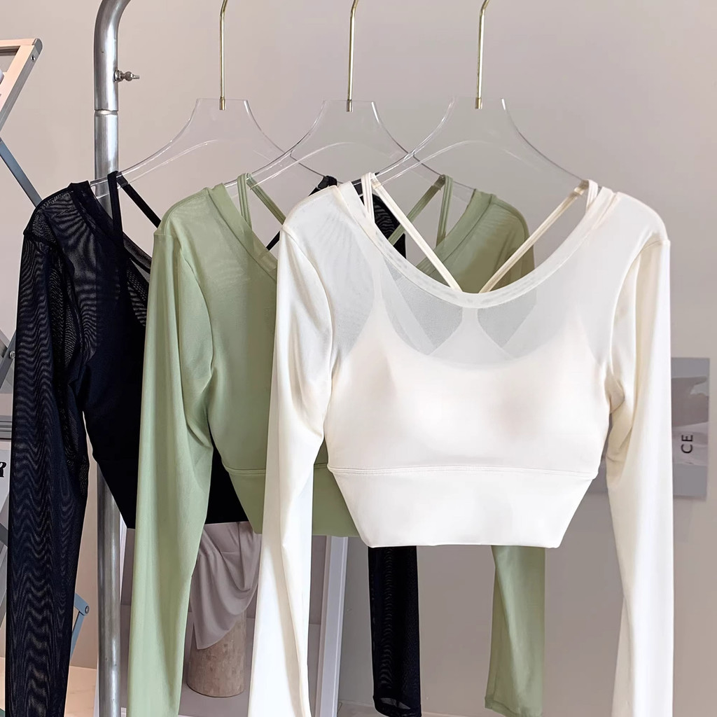 MAGIEYOGA ตัว.Top.V-neck สำหรับทำโยคะและฟิตเนส ผู้หญิง กีฬาแขนยาวตาข่าย ดีไซน์สวยงาม