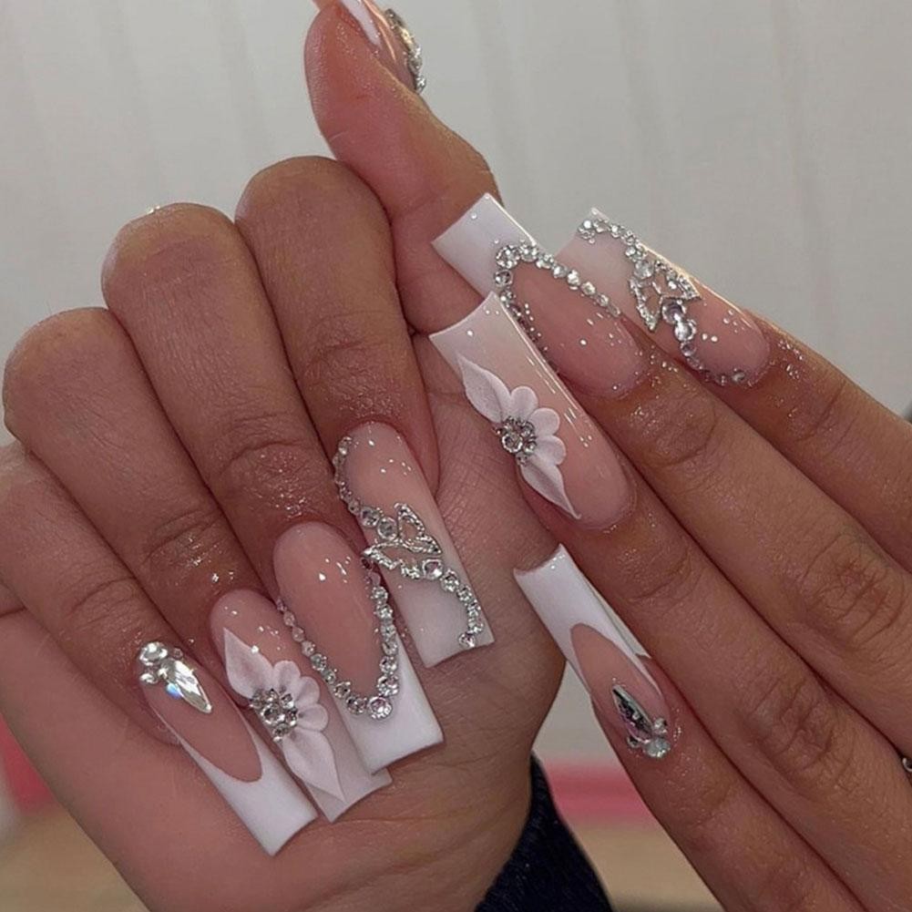Long Square Press On Nails Pattern Design Artifical Full Wear Nail French Nail False P4r5