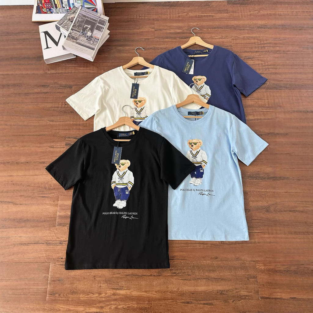 T4VA RL# Summer Bear Print Round Neck Short Sleeve Unisex Couple T T-shirt Casual