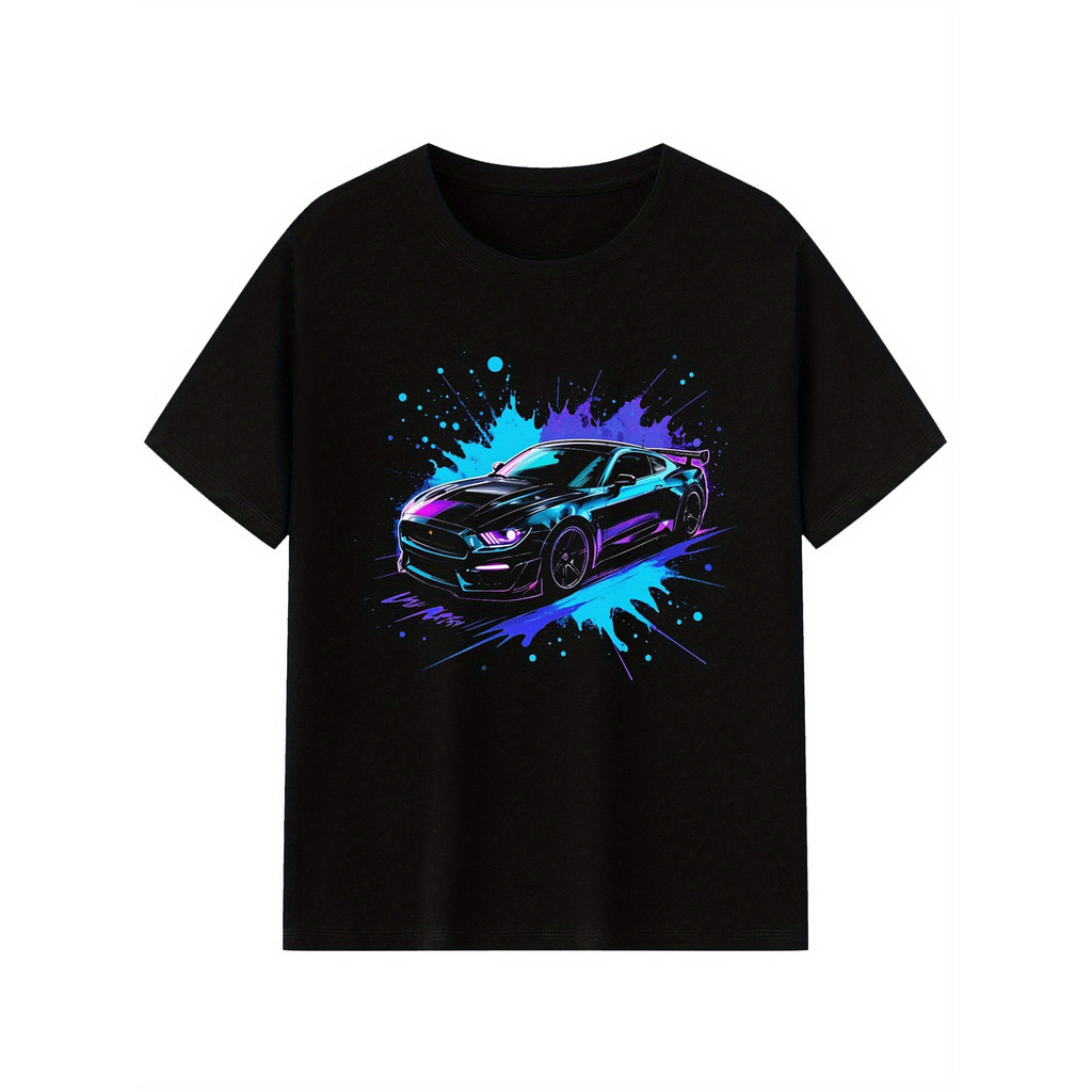 UNGU Mens Quick-Drying Sports Car Motif T-Shirt, Bright Blue Purple Design, Casual O-Neck Short Slee
