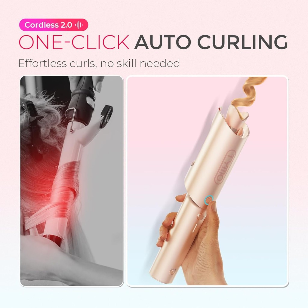 TYMO เตารีดดัดผมอัตโนมัติไร้สาย - TYMO CurlGo 1 นิ้วคลื่นชายหาดหมุนไม้กายสิทธิ์, แรงดันไฟฟ้าคู่ & ชา