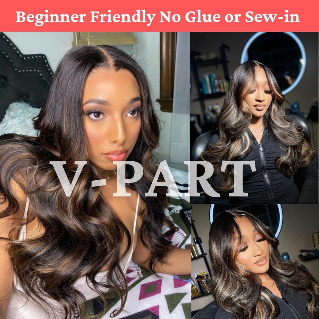 วิกผมสีน้ำตาลคลื่นและดำ Ombre สำหรับผู้หญิง แบบอัพเกรด V และ U ส่วน มาพร้อมคลิปสังเคราะห์ (ขนาด 24 น