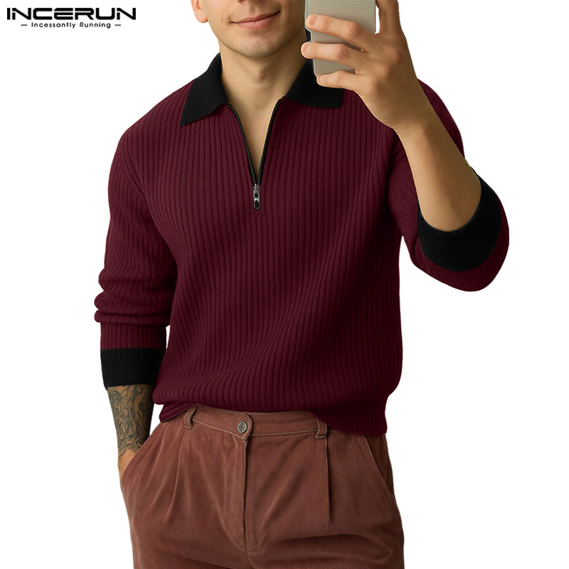 เสื้อสเวตเตอร์แขนยาวลายตัดกัน สไตล์แฟชั่นสำหรับผู้ชาย