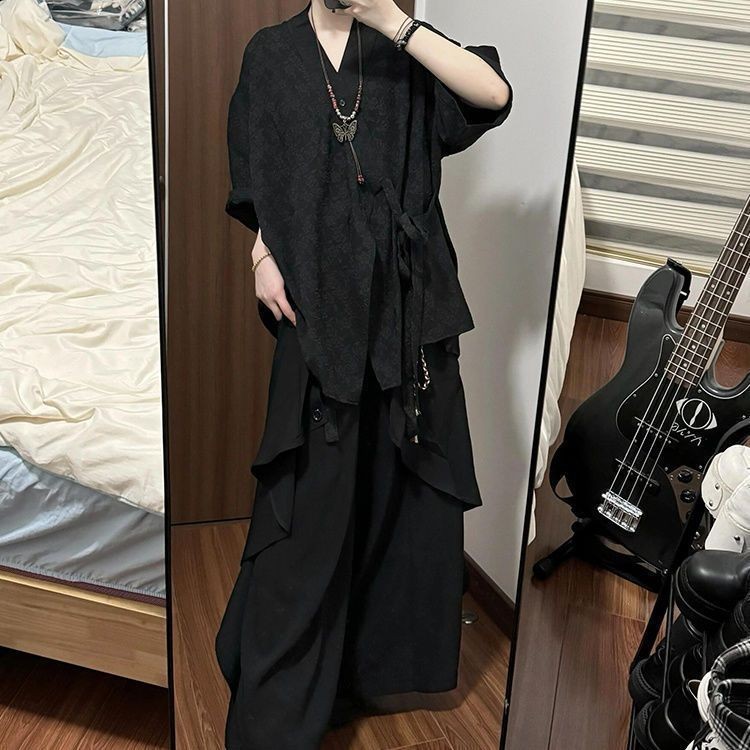 เย็บกางเกงชั้นในขากว้าง + เสื้อแจ็คเก็ตเสื้อแขนสั้นหลวมผู้หญิง PIMM