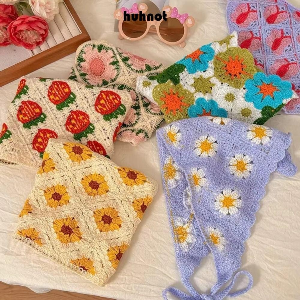 HUHNOT ที่คาดผมสามเหลี่ยม สไตล์ฝรั่งเศส ลายดอกไม้ โครเชต์ handmade เหมาะสำหรับวันพักผ่อนและชายหาด
