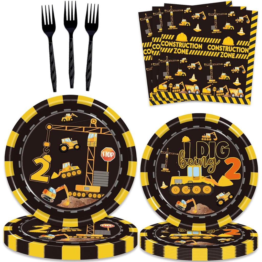 92 ชิ้นก่อสร้าง 2nd Birthday Party Supplies Dump Truck Theme Two Tableware รวมแขวน Swirl, บอลลูน, แผ