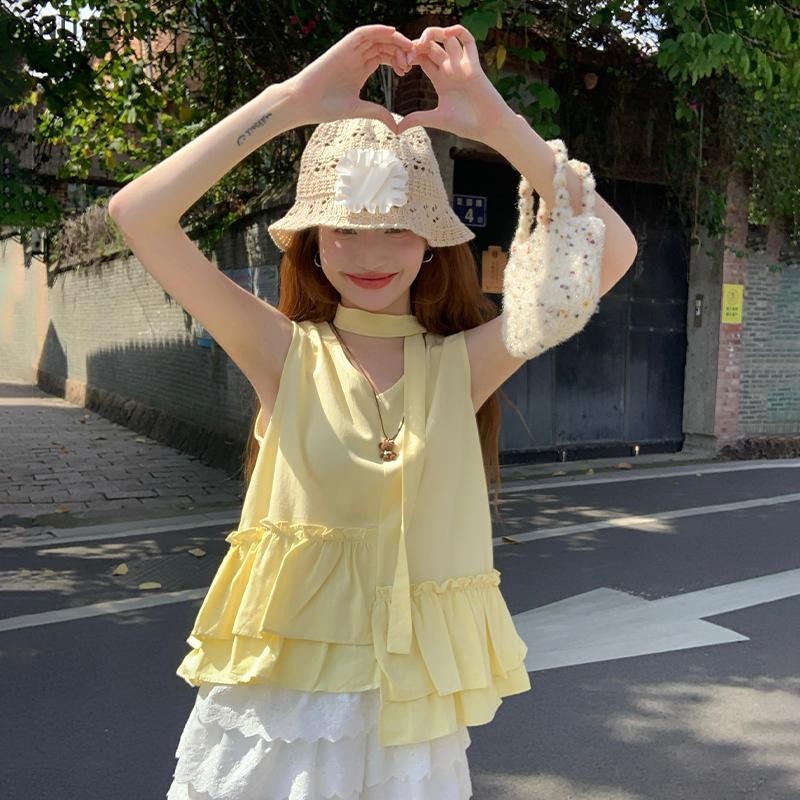 ONU เกาหลีหวาน V คอไม่สม่ําเสมอ Ruffled แขนกุดหลวมสบายๆเสื้อกั๊กอเนกประสงค์สําหรับผู้หญิง FEI