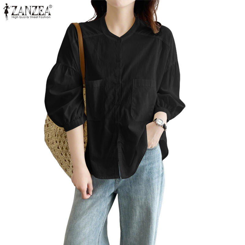 ZANZEA ผู้หญิงเกาหลีร่วมคอกลม 3/4 แขนโคมไฟปุ่มเสื้อสีทึบ