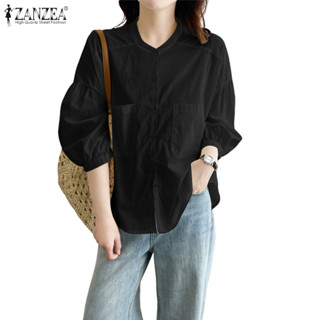 ZANZEA ผู้หญิงเกาหลีร่วมคอกลม 3/4 แขนโคมไฟปุ่มเสื้อสีทึบ