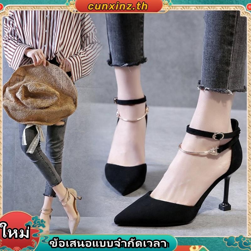 รองเท้า holster รองเท้าเพชร รองเท้าแตะสไตล์เกาหลีรองเท้าส้นสูงผู้หญิงส้นเข็มหัวเข็มขัดหัวแหลมหนังกลั