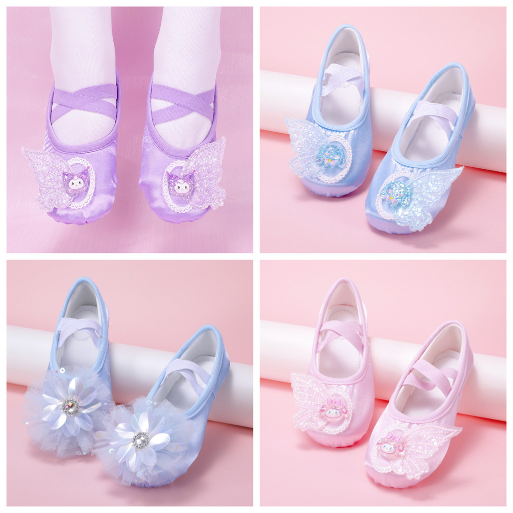 รองเท้าเต้นรำสำหรับเด็ก แบบ Soft-Soled ทำด้วยซาตินสีม่วงน่ารัก เหมาะสำหรับการฝึกฝนและเต้นรำบัลเล่ต์