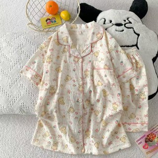 ZJ HOME ชุดนอนผู้หญิงลายการ์ตูนน่ารัก ลายมินิมอล ขาสั้น แขนส…