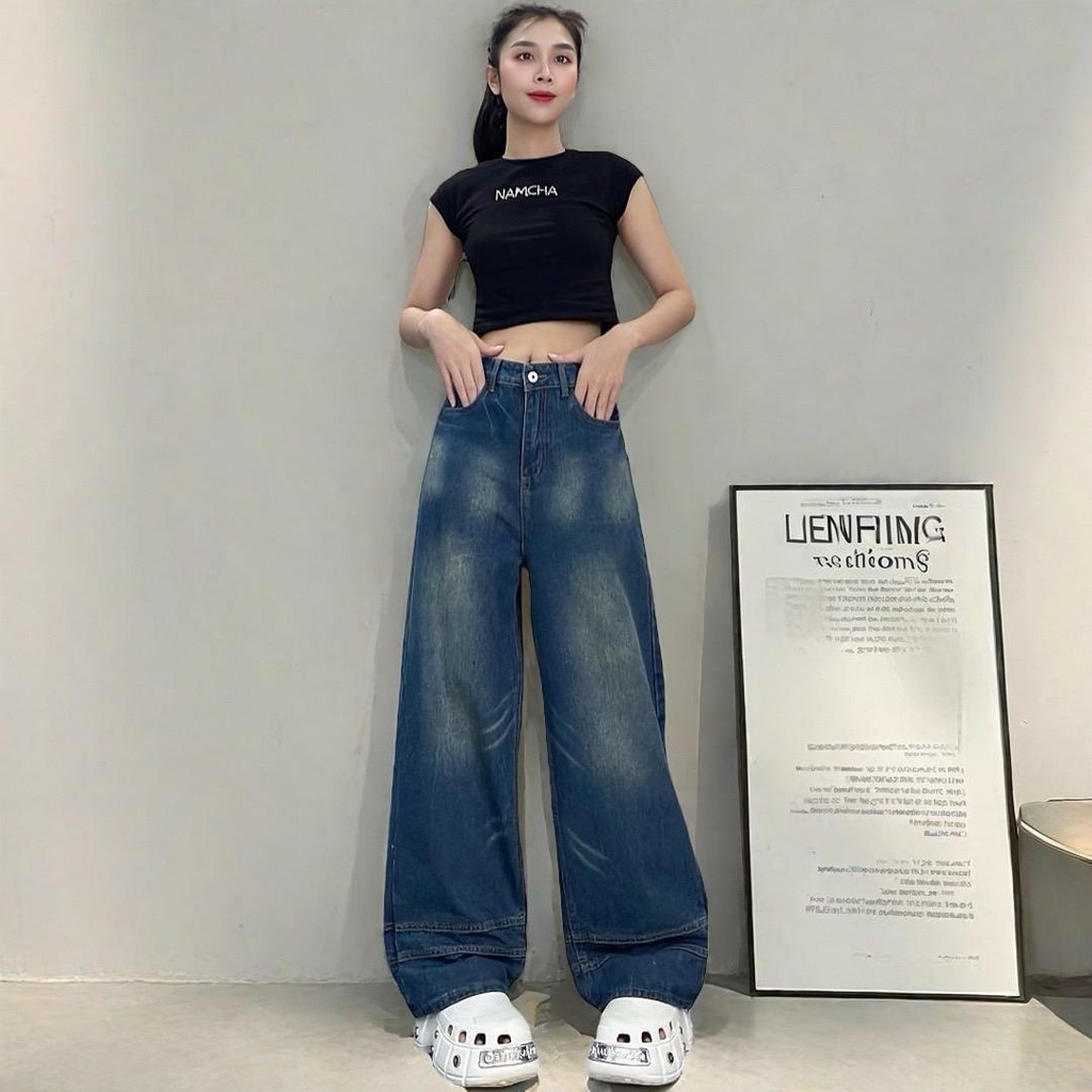 NAMCHA กางเกงยีนส์ ยีนส์กระบอกลิซ่า กระบอกใหญ่ แต่งเฟด สียีนส์ #NA-2570