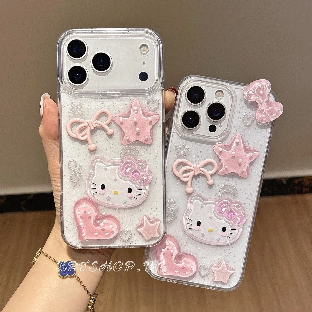 3ง สีชมพูคิตตี้เรซิ่นเคสโทรศัพท์สําหรับ ไอโฟน 17โปรแม็กซ์ 16 15 14 13 12 11 กันกระแทกป้องกันปลอก