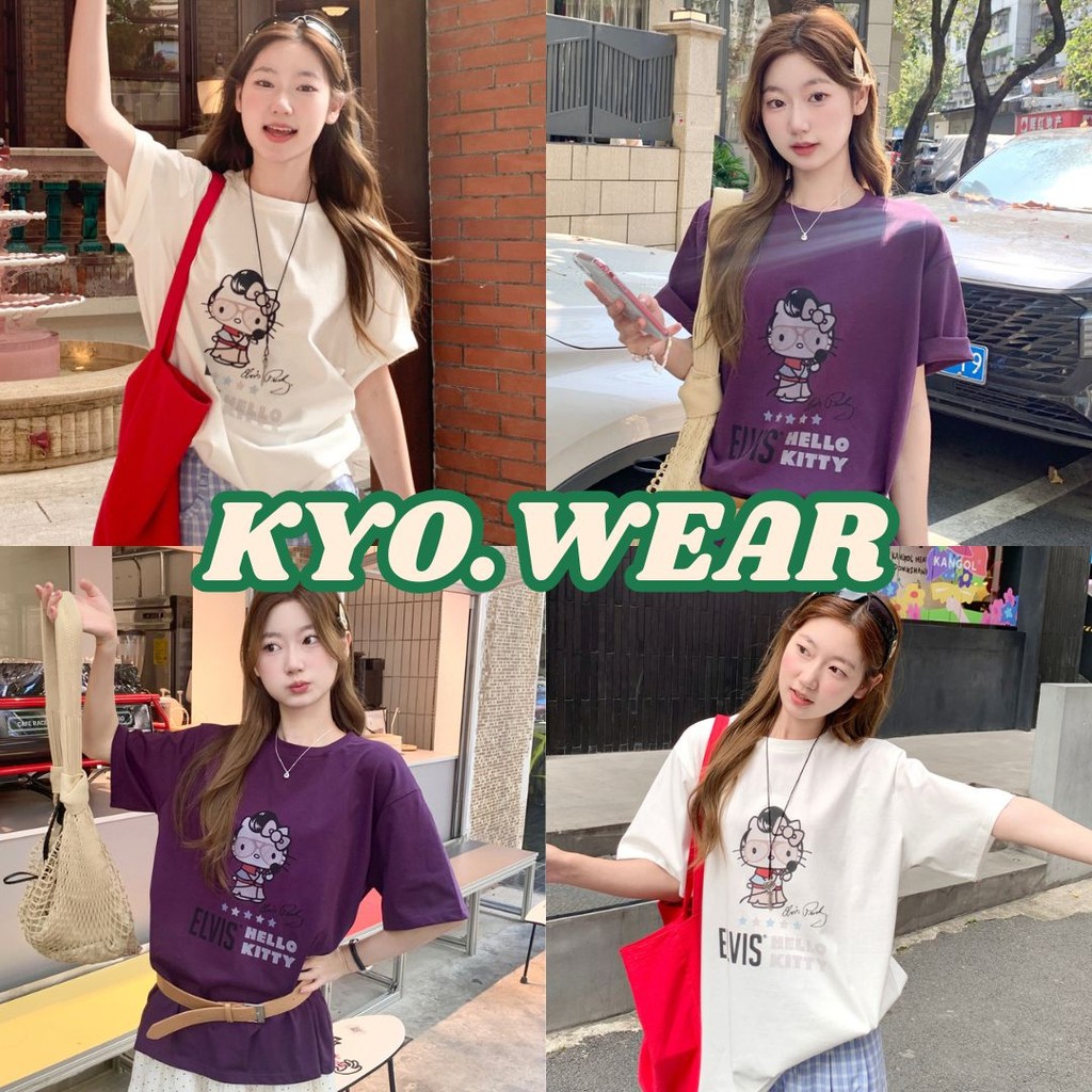 KYO 😺 เสื้อยืดสตรีไซส์ใหญ่ คอกลม  สไตล์เกาหลี Cotton 100% ผ้านุ่มใส่สบาย ใส่ได้ทุกโอกาส "ELVIS KITTY" ส่งจากไทย