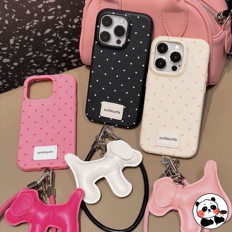 น่ารักลูกสุนัขจี้เคสโทรศัพท์สําหรับVivo X200 Pro Mini FE X100S X90S X80 X70T X60T Y300 Y200 Pro Plus 100 GT 5G 4G PUปกหนังการ์ตูนลายจุดปลอกอ่อนพร้อมสายคล้อง