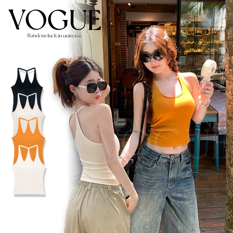 Vogue🌟พร้อมส่ง🌟 เสื้อกล้ามเสริมฟองน้ำในตัว สีสดใสยืดพอดีตัว ผ้าร่องเล็ก (FY3575)