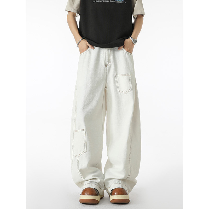 กางเกงยีนส์ผู้ชาย สีขาว ทรงโค้งมน สไตล์วินเทจอเมริกัน​ baggy jeans