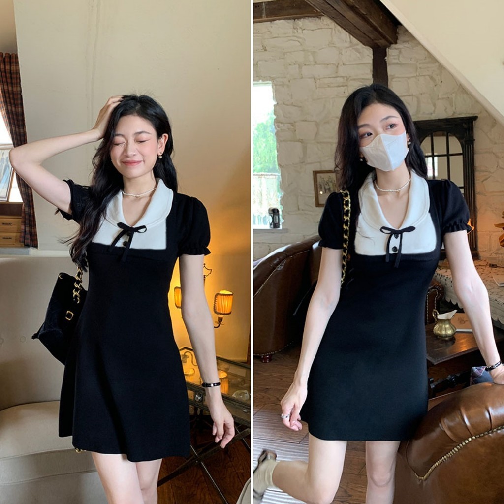 Hotgirl พร้อมส่ง ชุดเดรสดำผู้หญิง เดรสสั้น ดีไซน์แขนพัฟคอโปโล ชุดไปเที่ยว เซ็กซี่ แต่งโบว์