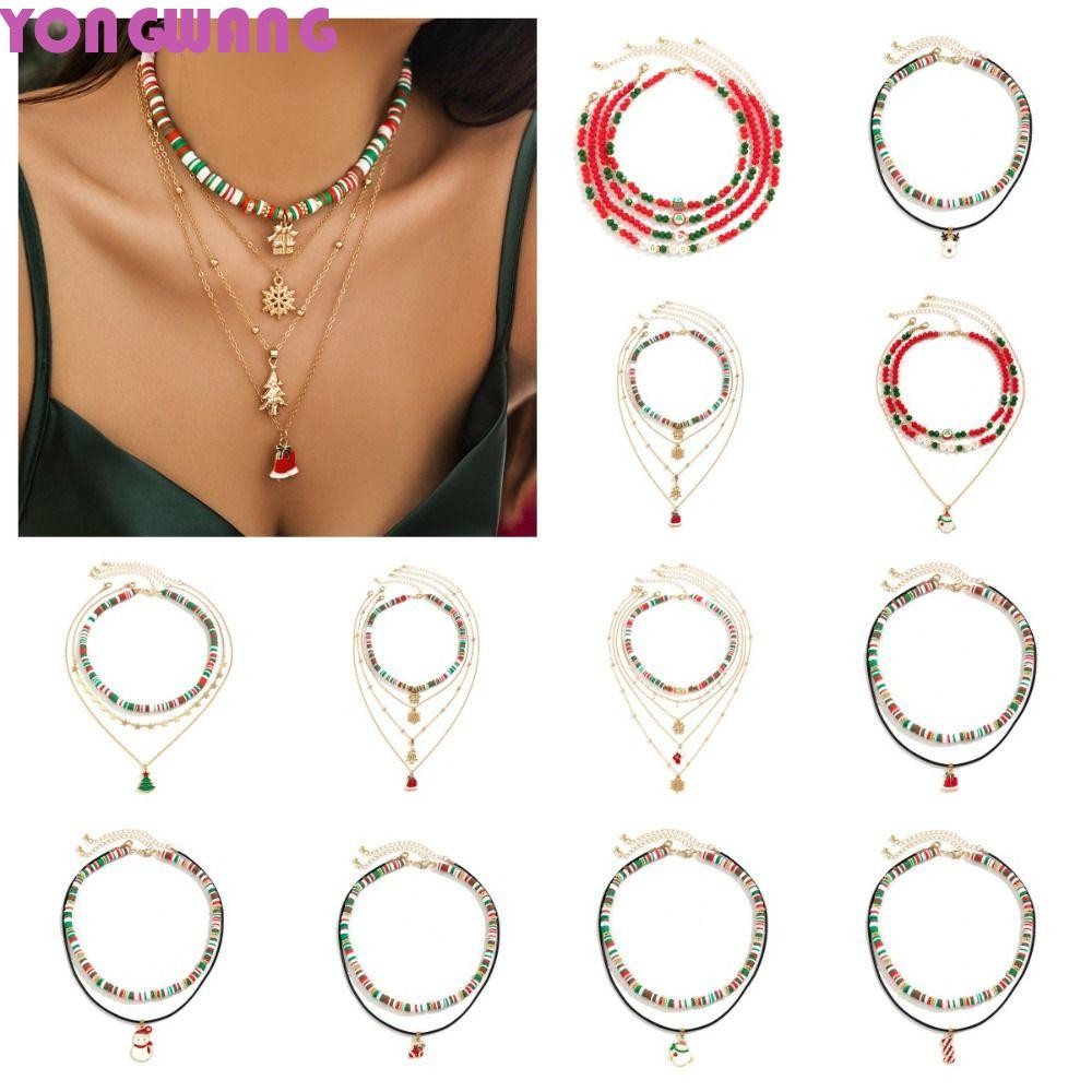 YONGWANG66HR 2/3/4 ชิ้น/เซ็ต Multi-layer คริสต์มาสสร้อยคอ,การ์ตูน Santa Rice Beaded Chain, Christmas