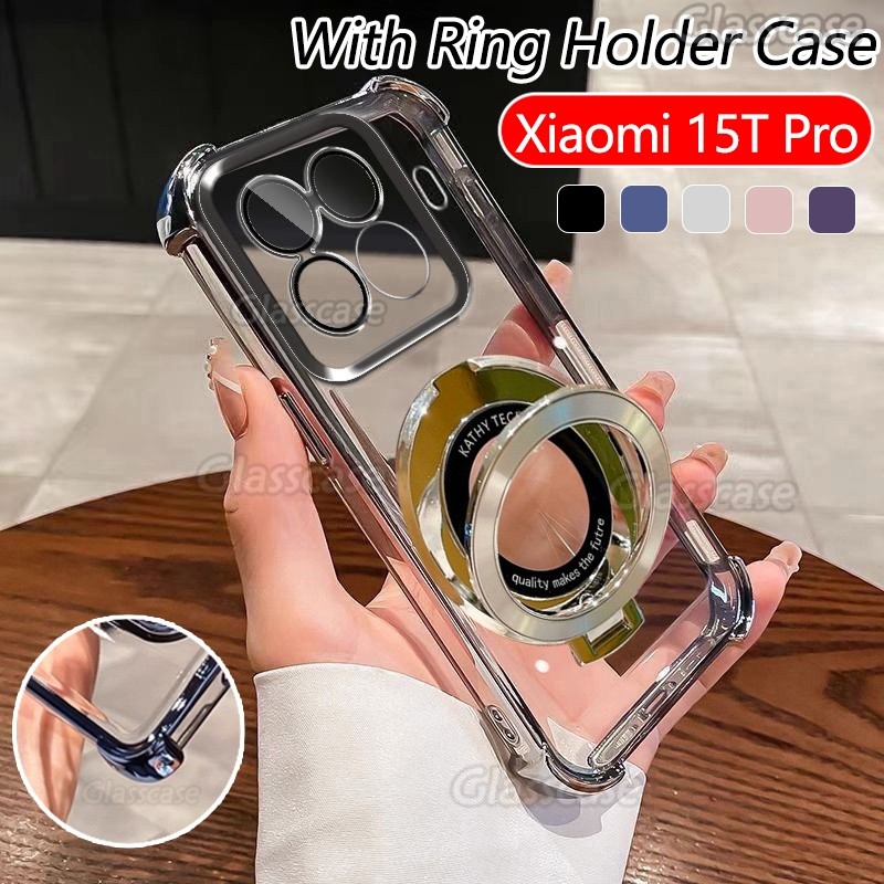 ปลอกสําหรับ Xiaomi 15 17 T Pro 17T 17TPro 15T 15TPro 15Pro 15Ultra T15 Clear สี่มุม Anti Fall พร้อมผู้ถือแหวนเคสโทรศัพท์กันกระแทก Came เลนส์ป้องกันกรณีปกหลัง