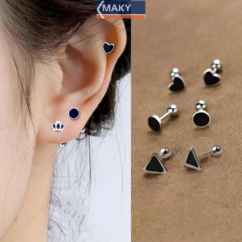 Nwth เงิน Black Heart Star รอบต่างหูสตั๊ดขนาดเล็กสําหรับผู้หญิงหู Studs เครื่องประดับ GR